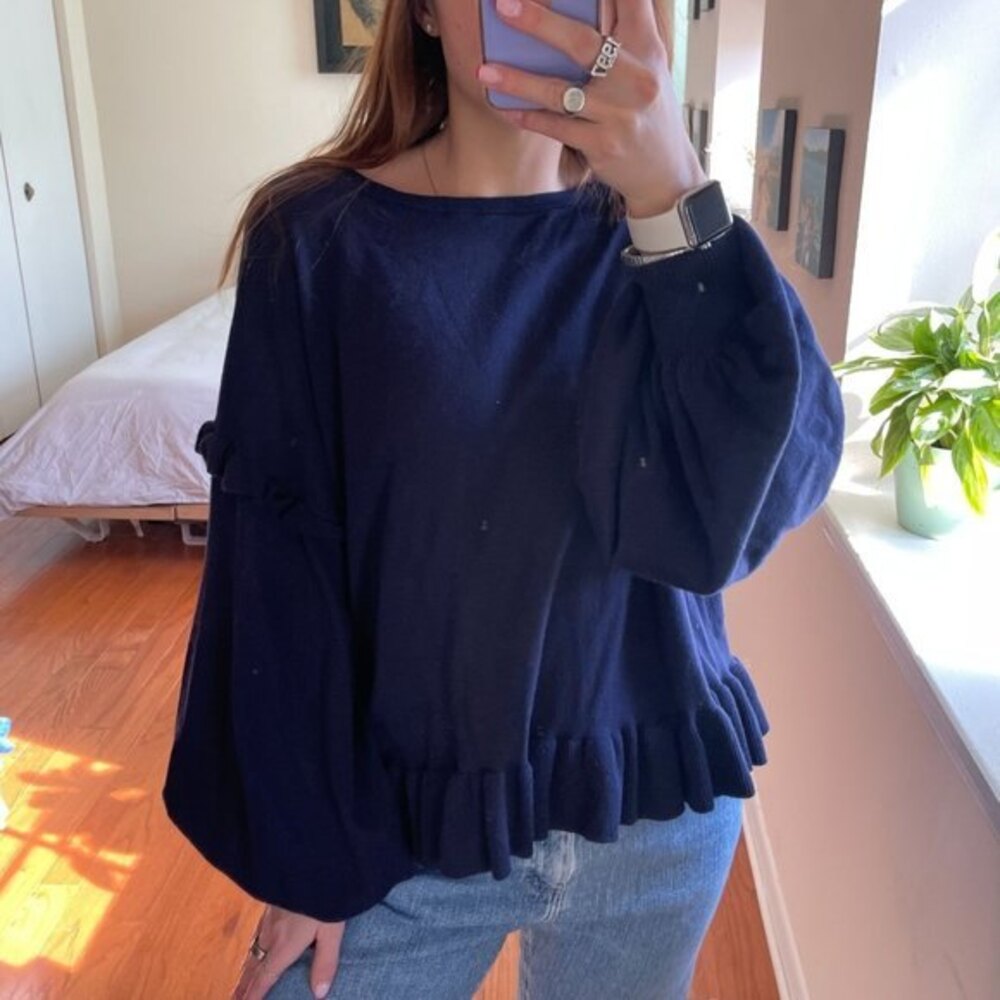 Ulla Johnson Puff Sleeve Ruffle Trimmed Boat Neck Sweater Navy Size Medium